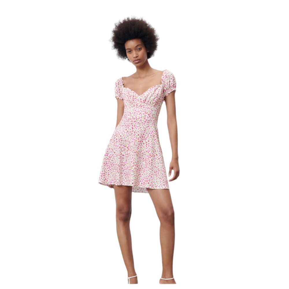 Zara Linen Blend White & Pink Floral Mini Dress Size Medium - Picture 1 of 9